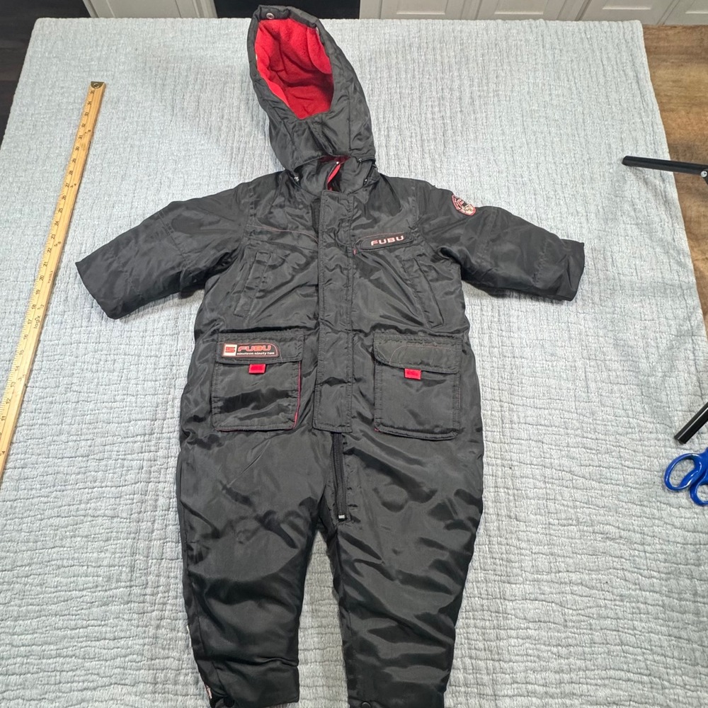Vintage Fubu The Collection Kids 24M Snowsuit Removable Hood Coveralls Black Red
